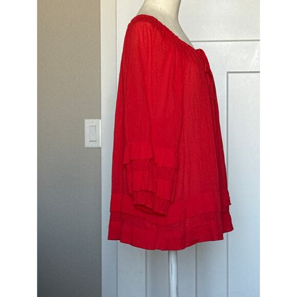 Lauren Ralph Lauren Black Label Red Ruffle Trim Crinkle Cotton Top Womens Size S - Picture 6 of 11